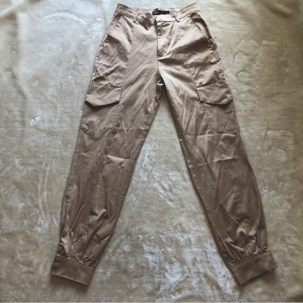 Zara Satin Tan High Waisted Cargo Pants Size XS